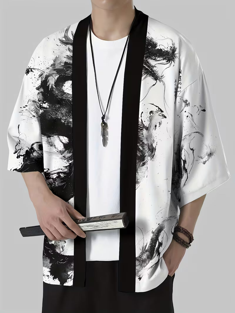 Haori /túnica Blanca Dragón Negro a pincel - Kimono estilo Japones