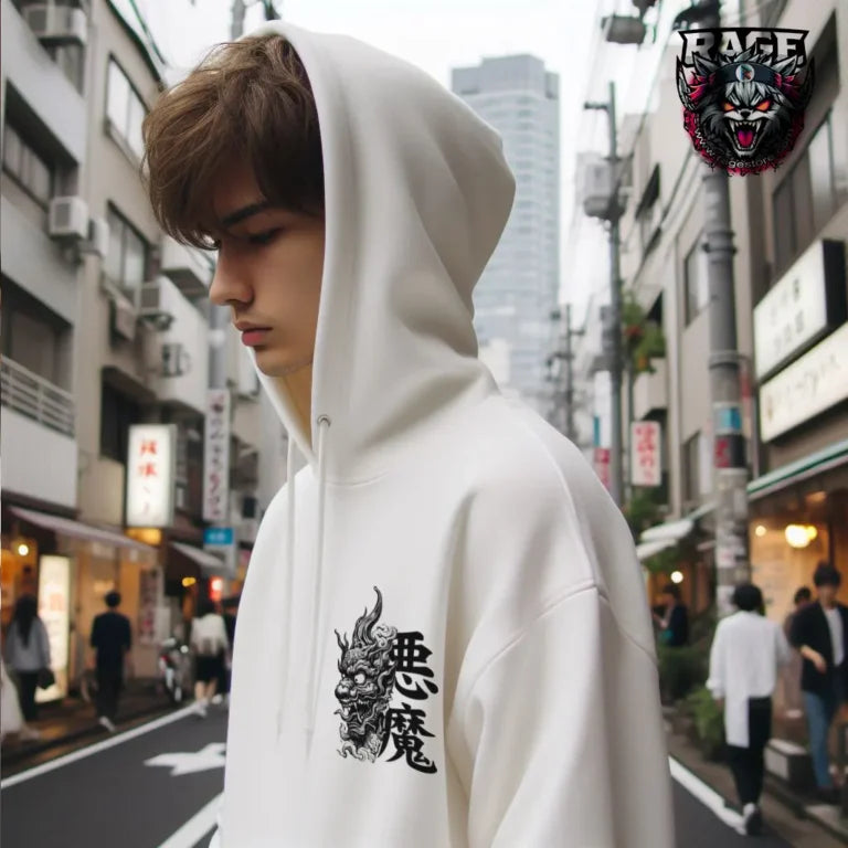 Hoodie blanco demonio japonés Akuma meditando (Hoodie o Camiseta)