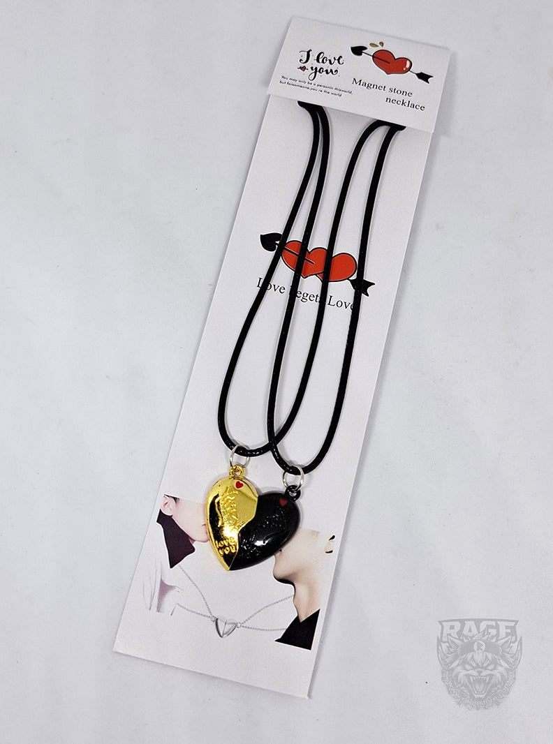2x Collares de Corazón Dorado y Negro con imanes Coreano - Para parejas o BFF
