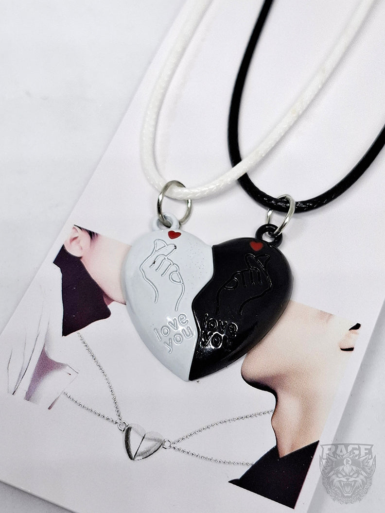 2x Collares de Corazón Blanco y Negro con imanes Coreano - Para parejas o BFF