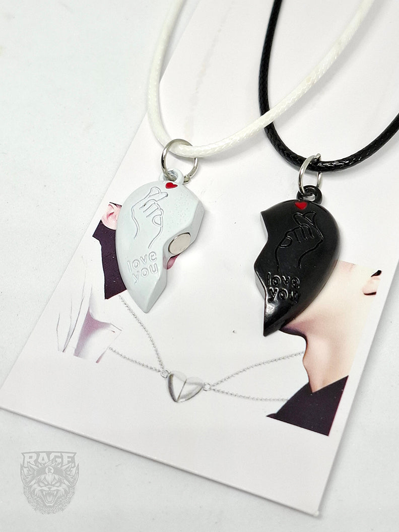 2x Collares de Corazón Blanco y Negro con imanes Coreano - Para parejas o BFF