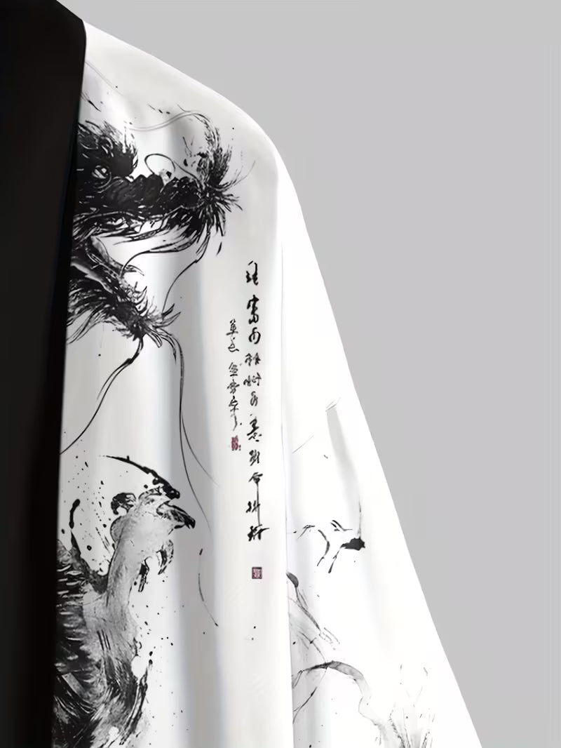 Haori /túnica Blanca Dragón Negro a pincel - Kimono estilo Japones
