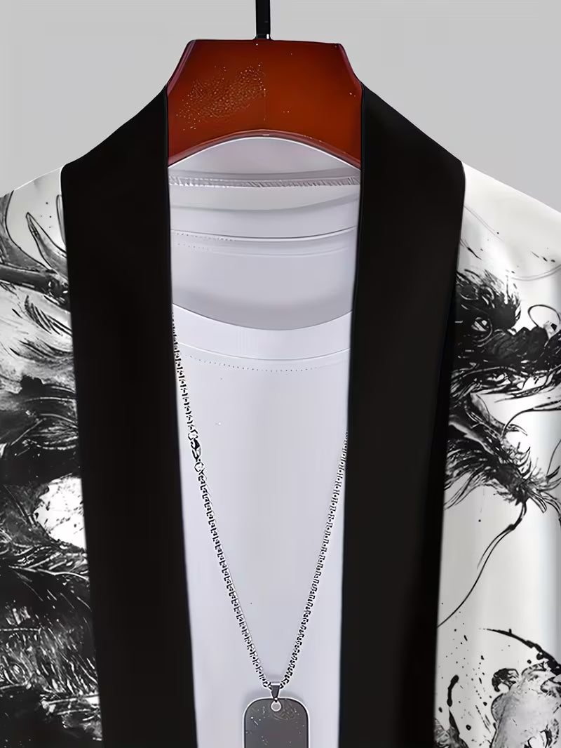 Haori /túnica Blanca Dragón Negro a pincel - Kimono estilo Japones