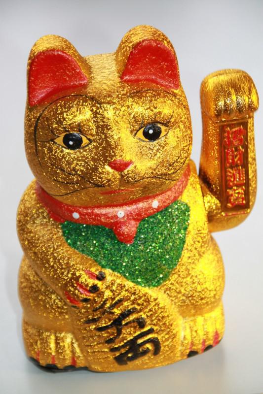 Maneki Neko - Gato de la Fortuna de porcelana 17 cm (Dorado Glitter)