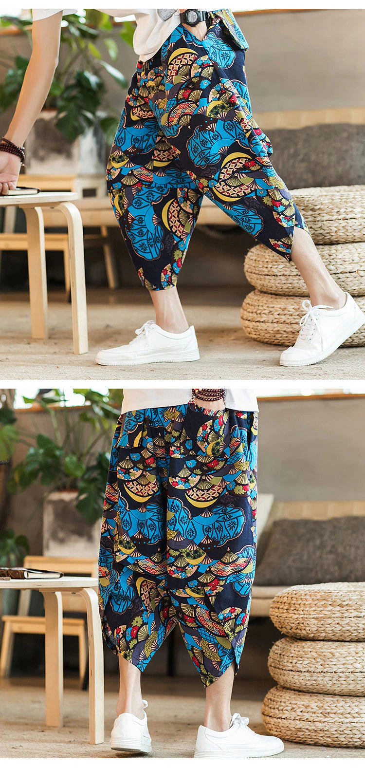 Pantalón holgado estilo Samurai Abanicos