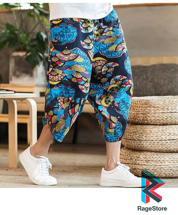 Pantalón holgado estilo Samurai Abanicos