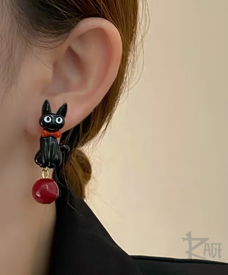2x Aretes de Gato Negro con perla roja