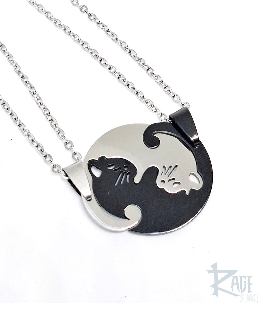 2x Collares de gatos Yin Yang Negro/Plateado con cadena - Collares para parejas