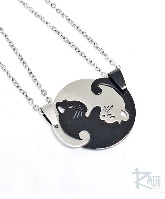 2x Collares de gatos Yin Yang Negro/Plateado con cadena - Collares para parejas