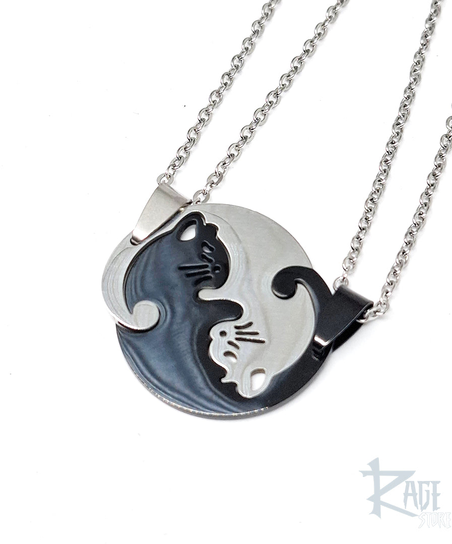 2x Collares de gatos Yin Yang Negro/Plateado con cadena - Collares para parejas