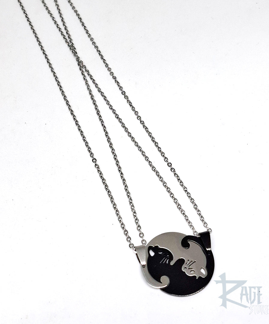 2x Collares de gatos Yin Yang Negro/Plateado con cadena - Collares para parejas
