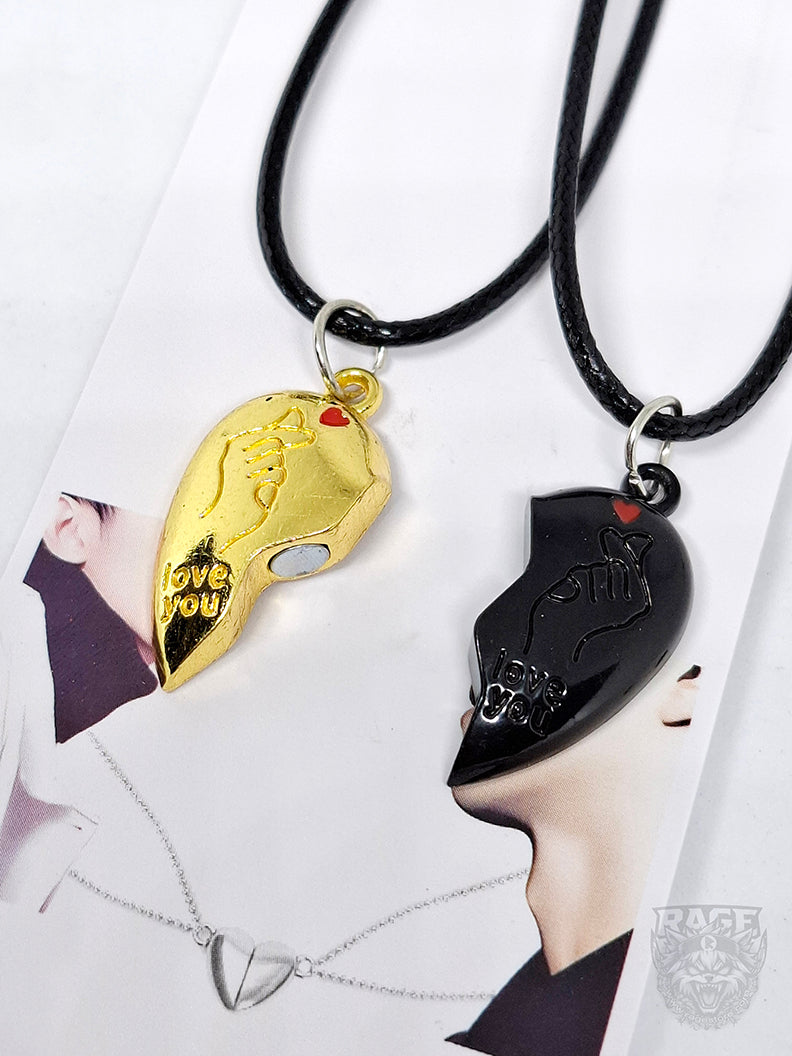 2x Collares de Corazón Dorado y Negro con imanes Coreano - Para parejas o BFF