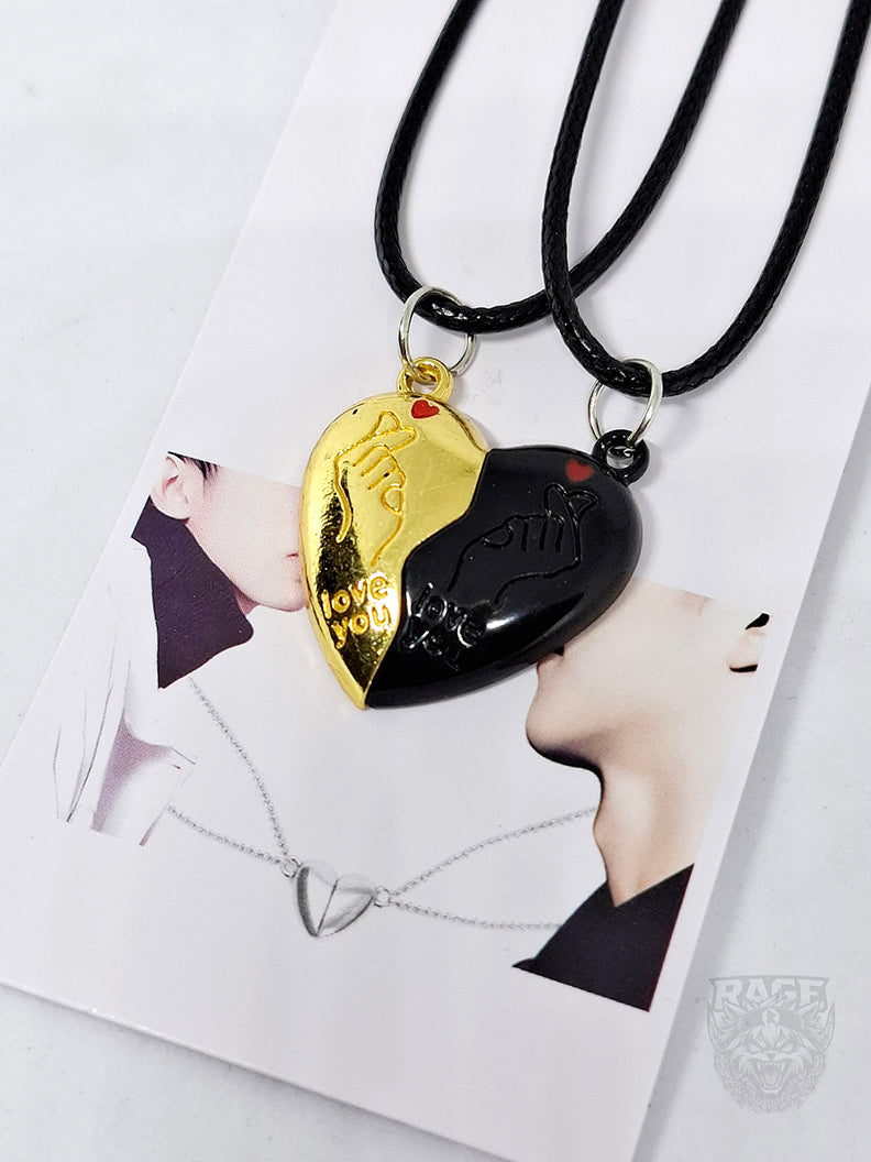 2x Collares de Corazón Dorado y Negro con imanes Coreano - Para parejas o BFF