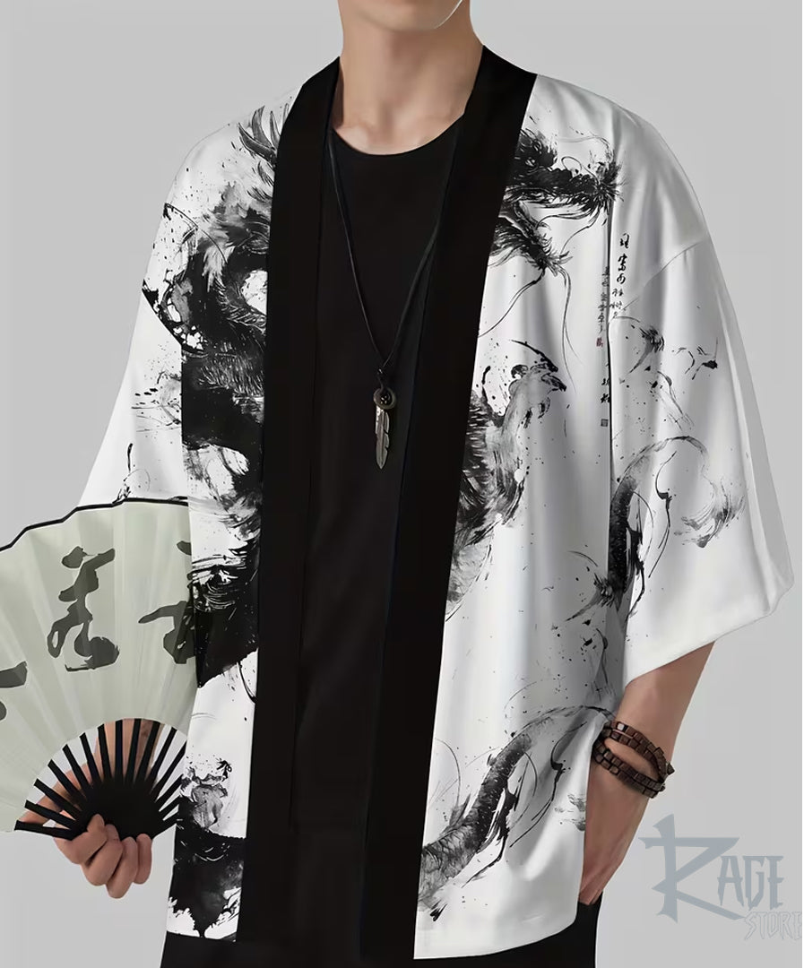 Haori /túnica Blanca Dragón Negro a pincel - Kimono estilo Japones