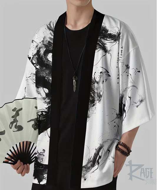 Haori /túnica Blanca Dragón Negro a pincel - Kimono estilo Japones