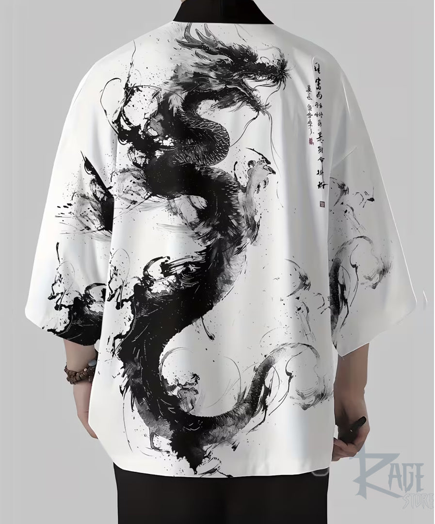 Haori /túnica Blanca Dragón Negro a pincel - Kimono estilo Japones
