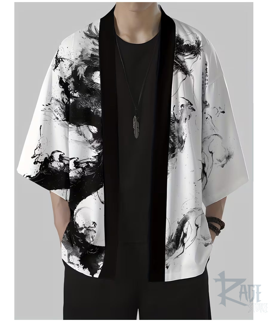 Haori /túnica Blanca Dragón Negro a pincel - Kimono estilo Japones