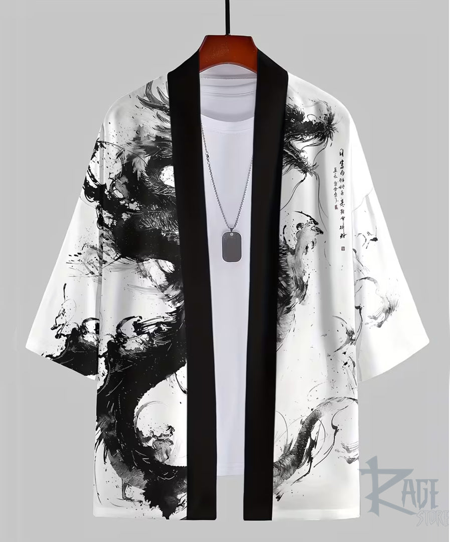 Haori /túnica Blanca Dragón Negro a pincel - Kimono estilo Japones